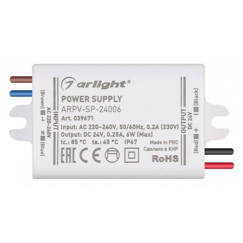 Блок питания Arlight ARPV-SP-24006 24V 6W IP67 0,25A 039671 от Мир ламп